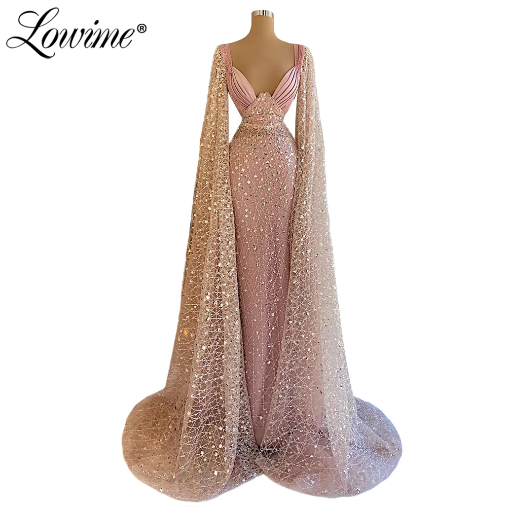 Dubai Design Cape Sleeves Long Evening Dresses Sequined Pink Ceremony Party Dress For Weddings 2022 Customize Prom Dresses Robes