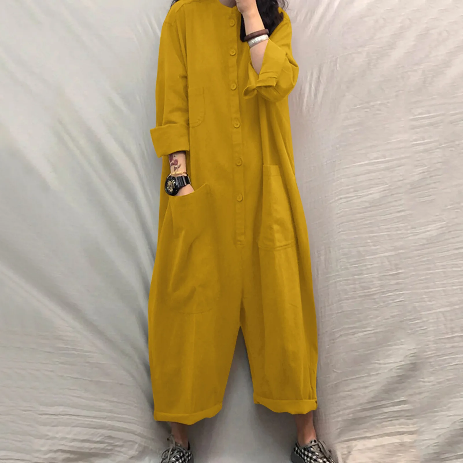 Effen kleur casual losse zak jumpsuit dames nieuwe herfst eenvoudig shirt met lange mouwen vrouwelijke vakantie rompertjes modieuze streetwear