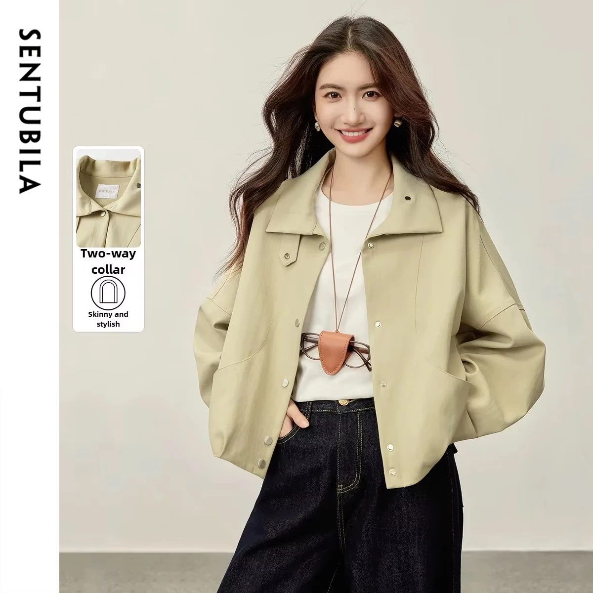 SENTUBILA Casual Jacket for Women 2026 Spring Cocoon Hem Drop Shoulder Long Sleeve Loose-Fit Overcoat Woman Clothes 153WB2181