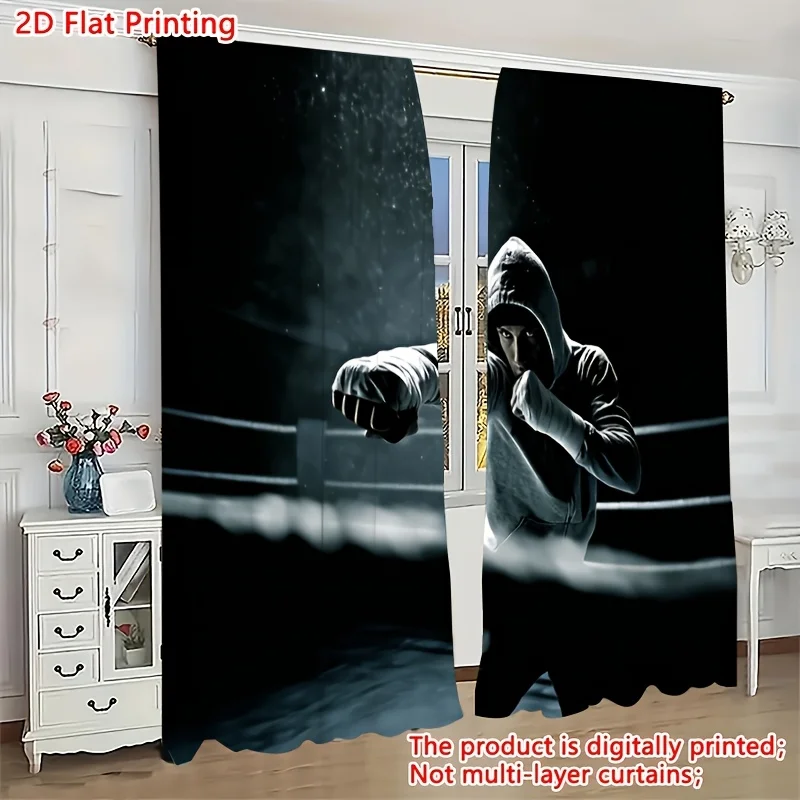 Boxing Ring Fighter Curtains, Dark Sports Man Silhouette Blackout Drapes, Gym Motivation Decor for Bedroom Living Room Window