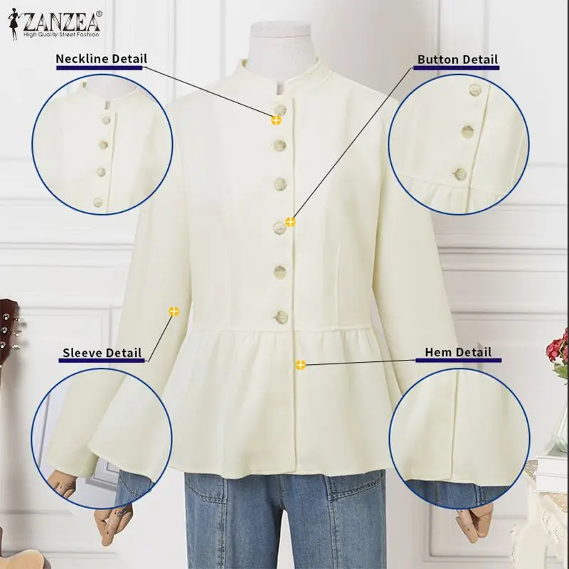 ZANZEA Winter Wollen Jassen Vrouwen Lange Mouw Stand Kraag Casual Jassen 2026 Mode Enkele Breasted Effen Tuniek Elegante Outwears