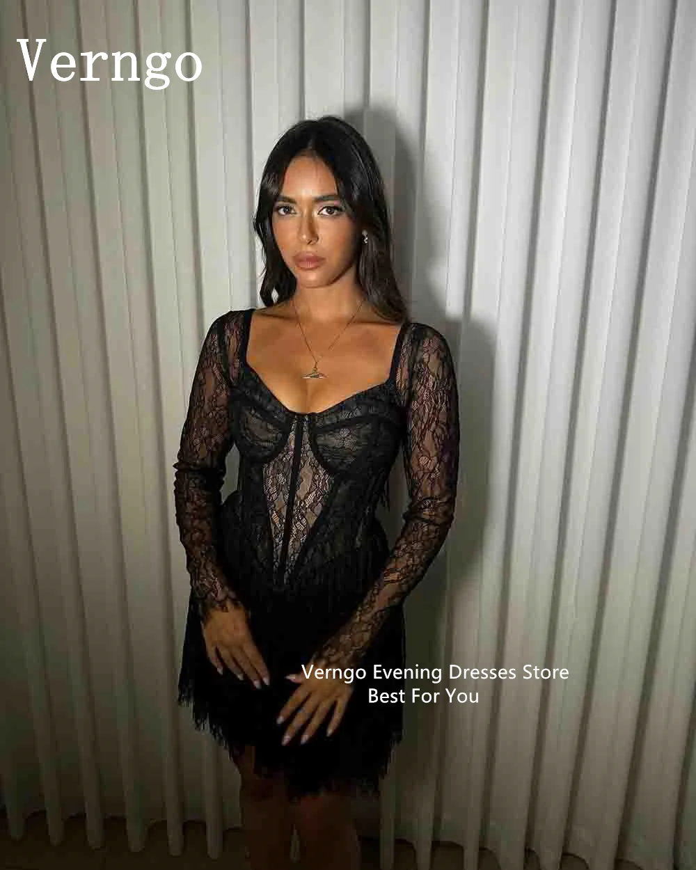 Verngo Black Lace Short Prom Dress O Neck Full Sleeves Mini Cocktai Dress Women 2024 Newest Night Club Dress Birthday Prom Dress