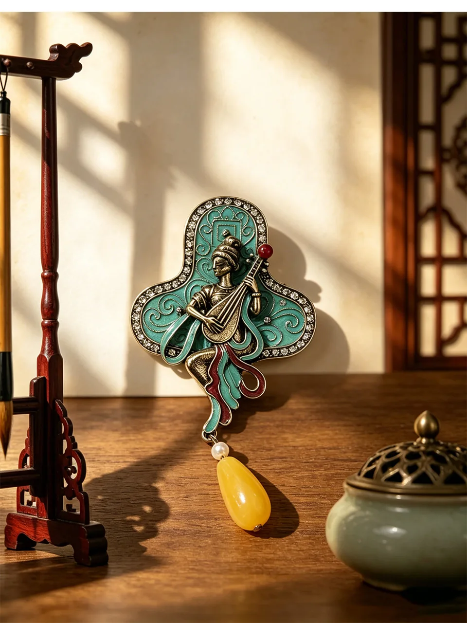 Retro Dunhuang pipa flying lady brooch, imitation blue drip oil inlaid diamond brooch, new Chinese qipao clothing accessories