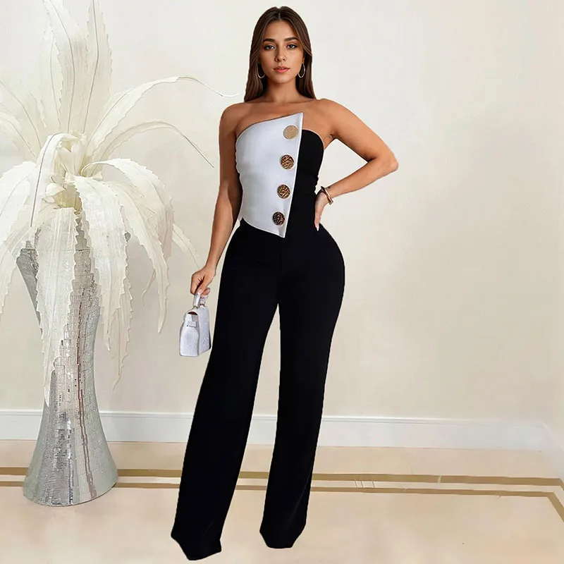 

Elegant Sleeveless Strapless Button Patchwork Wide Leg Jumpsuits Women Sexy Night Club Party One Pieces Rompers Womens Jumpsuit