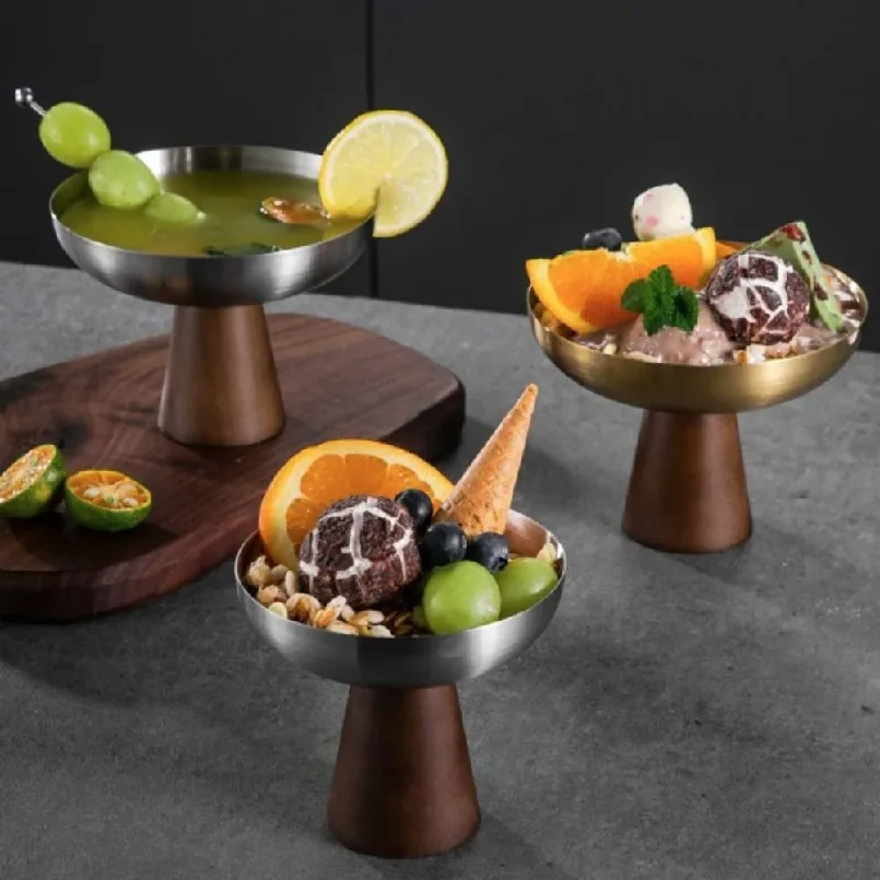 

High Feet Stainless Steel Dessert Cup Wood Handle Large-caliber Ice Cream Cup Stable Base Corrosion-resistant Goblet