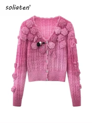 Women V-neck Pink 3d Floral Diamonds Button Knitted Cardigan Autumn Pearls Beaded Sweaters Long Sleeve Mohair Sweater Coat C-125