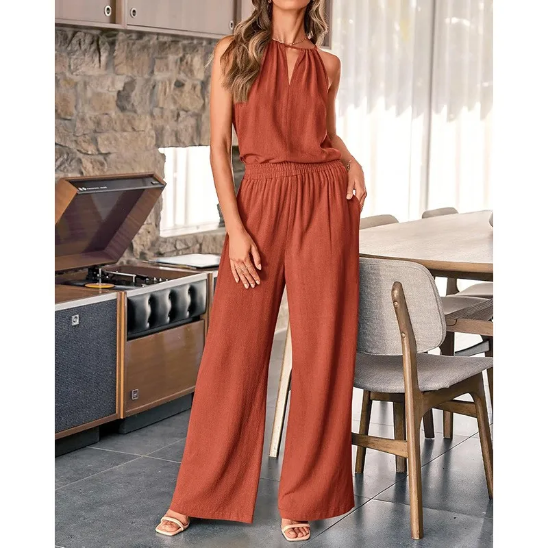 

Summer Sleeveless Hollow Out Vest Halter Tops & Loose Wide Leg Pants Set Women New Solid Color Linen Casual 2 Piece Sets Outfits