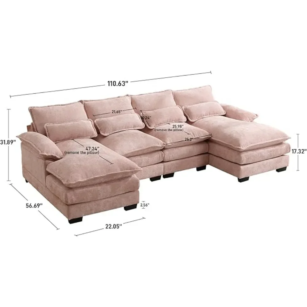 S1732c73782db40f3a55111cdc43d76146 Modern 110 Inch U Shape Cloud Couch Pink Chenille 4 Seat Sleeper Sofa