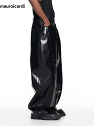 Mauroicardi Spring Autumn Long Loose Casual Baggy Black Shiny Reflective Patent Pu Leather Pants Men Wide Leg Trousers Fashions