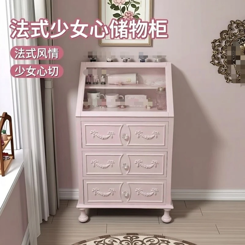 French Solid Wood Chest of Drawers Dopamine Color Sideboard Figurine Display Cabinet Girlish Home Storage Furniture