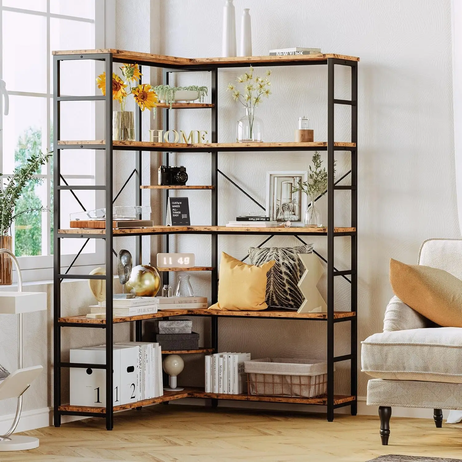 Industrial Bookcases and Bookshelves, 5-Tiers Corner Bookcase with Curved Panels, L Shaped Shelf with Metal Frame for Open Stora