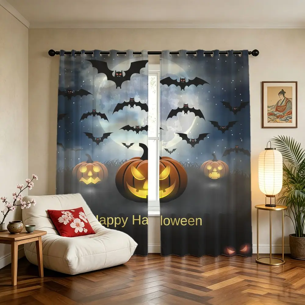 2Panels Halloween Bats Printed Curtains Spooky Moon Theme Blackout Curtains for Bedroom Living Room Home Party Decor