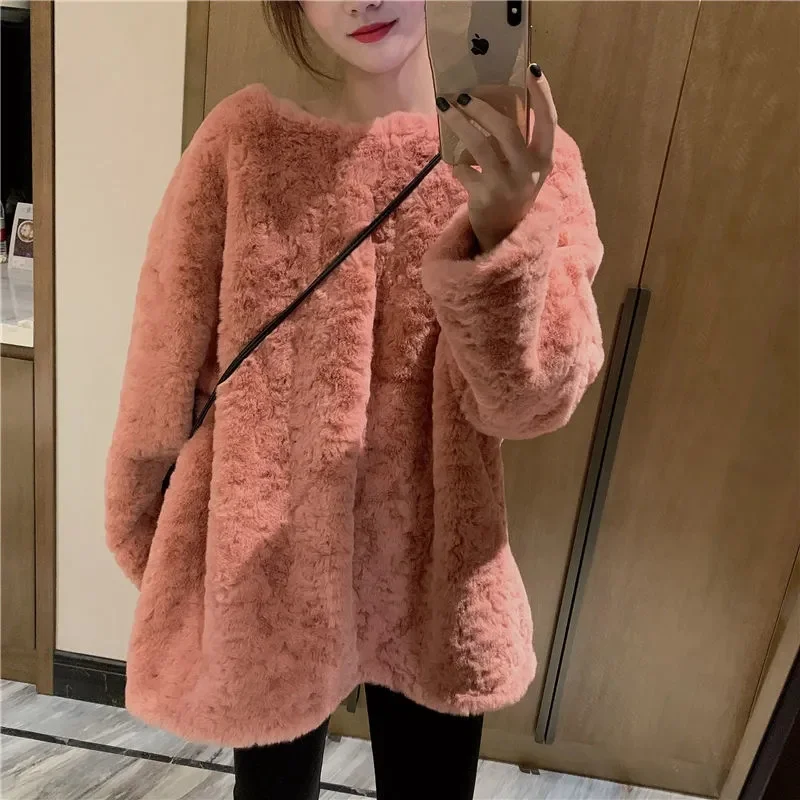 

2023 Fashion Solid Color Sweet Cute Plush Pullover Sweater Korean Version Lamb Thickened Lmitation Rabbit Hair Casual Warm Women