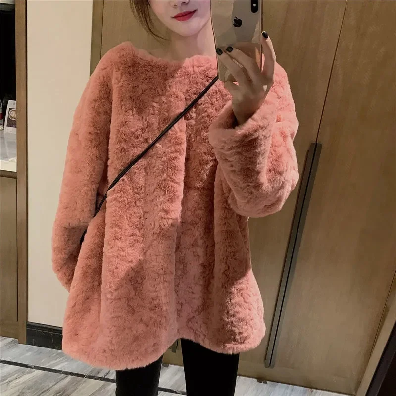 2023 Fashion Solid Color Sweet Cute Plush Pullover Sweater Korean Version Lamb Thickened Lmitation Rabbit Hair Casual Warm Women