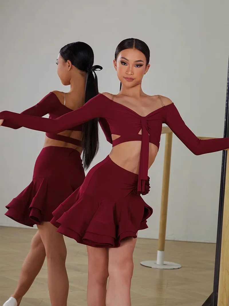 Комплект для латинских танцев, одежда для девочек, короткий топ с длинными рукавами, юбка, платье для выступлений ча-самбы, бордовое черное платье, детское платье