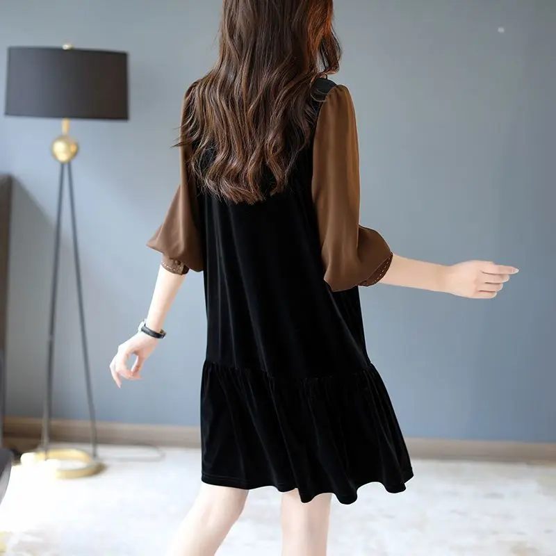 Spring Autumn Scarf Collar Bow Dresses Fashion Contrasting Colors Spliced Women's Clothing Commute Long Sleeve A-Line Midi Dress