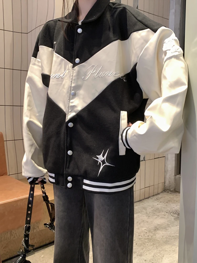 SONNEESD Tooling Harajuku Streetwear Vintage Contrasting Colors Splicing Single-breasted Jacket Coat Baseball Uniform Outerweat