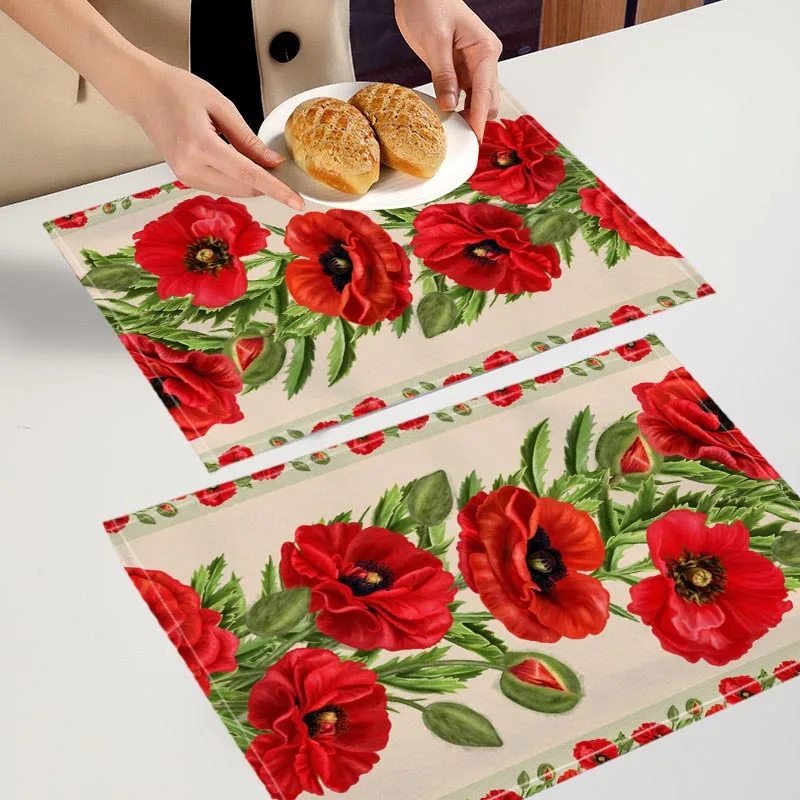 Custom Poppy Flowers Placemats For Dinner Table Decoration Accessories Linen Fabric Table Mat 30X40CM For Children Gift