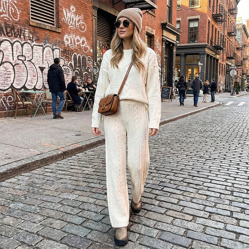 

Soft Warm White Cable Knit 2-Piece Sweater Set Women Oversized Casual Loungewear Tracksuit 2026 New Fashion Women's Knit