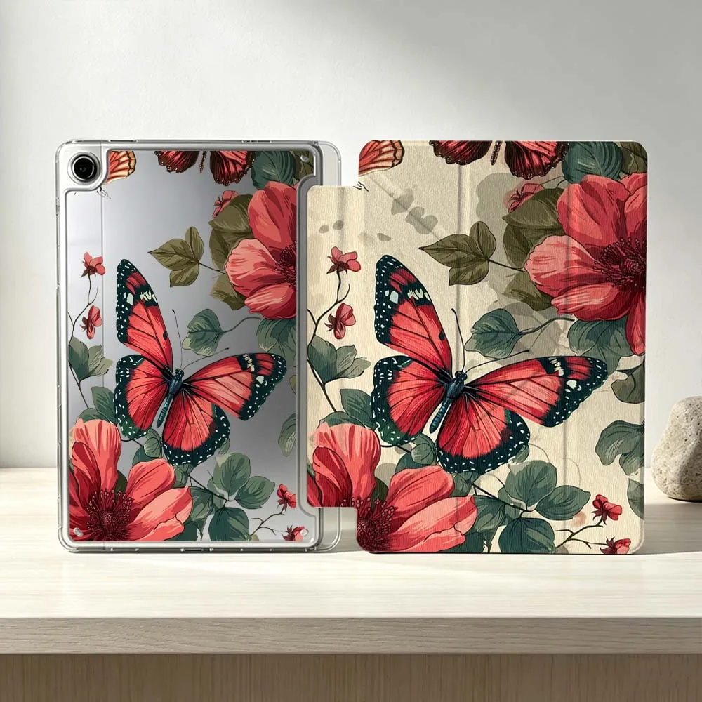 Artistic Red Butterfly Flowers For Samsung Galaxy Tab S10 S9 S8 S7 S6 A11 A10 A9 FE Plus Lite Foldable 3Y Tablet Case Soft