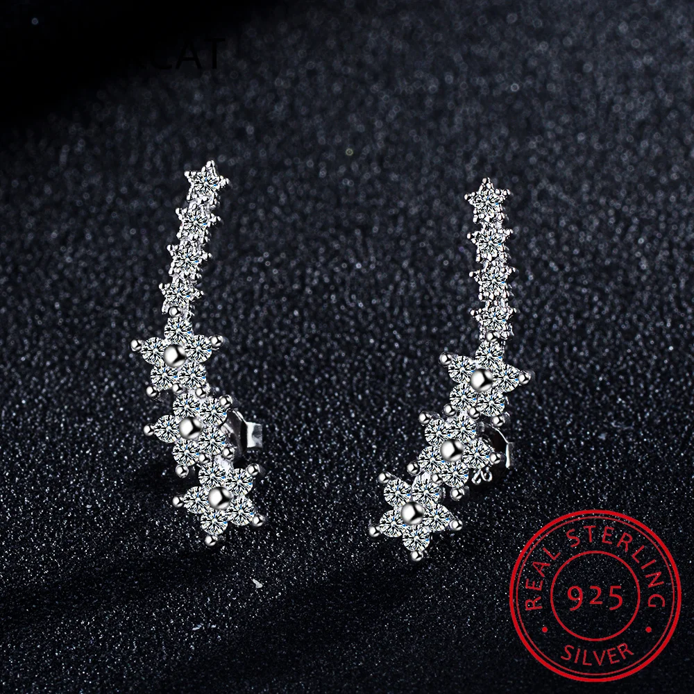 925 Silver Full Moissanite Earrings Climber 7 Star Crawler Stud Ear Cuff for Women Black White Moissanite Jewelry Brincos Gifts