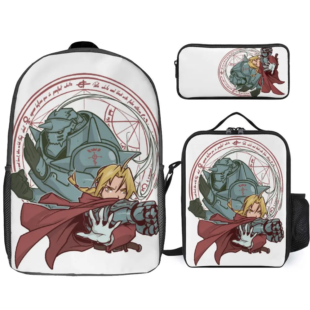 Fullmetal Alchemist Anime Edward Elric 6 Homonculus 3 Durable Comfortable Infantry Pack 3 in 1 Set 17 Inch Backpack Lunch Bag Pe