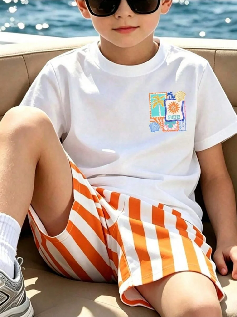 Neue Sommer-Kinderkleidung für Jungen, verspieltes Muster, Rundhalsausschnitt, kurzärmeliges Oberteil, gewellte Streifen-Shorts, bequeme Kinderkleidung – Detail 5