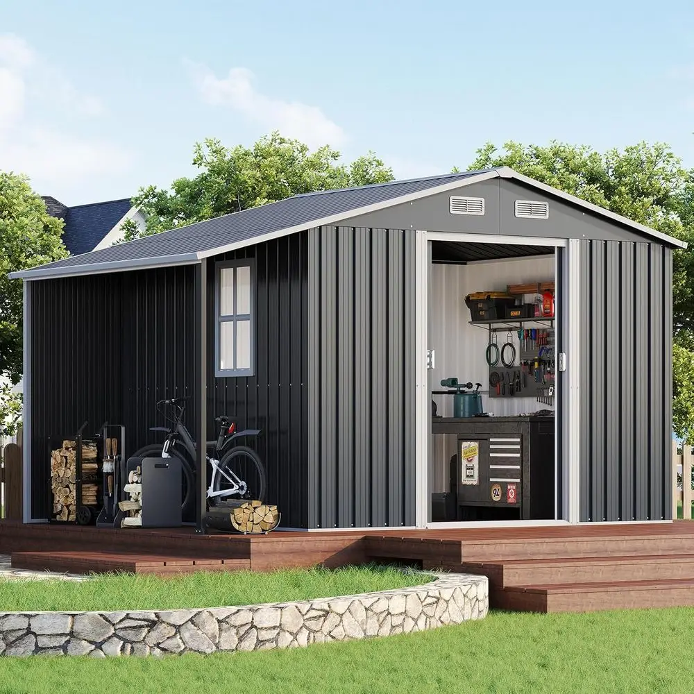 

6.3x6.8x10.6 ft Outdoor Shed - Sliding Door, 2 Windows, Open-Air Wood Storage, Grey/White