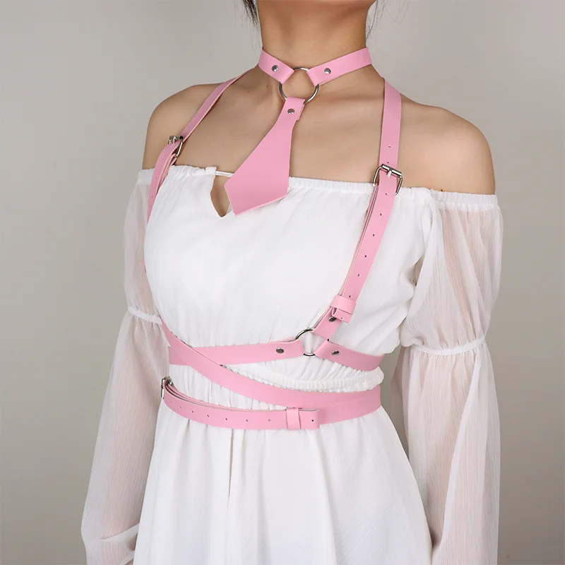 2PCS Pink Sets Girl\'s Kawaii Neck Tie And Harness Corset Suspenders for Women Gothic Fetish Clothing Harness Women Accessories