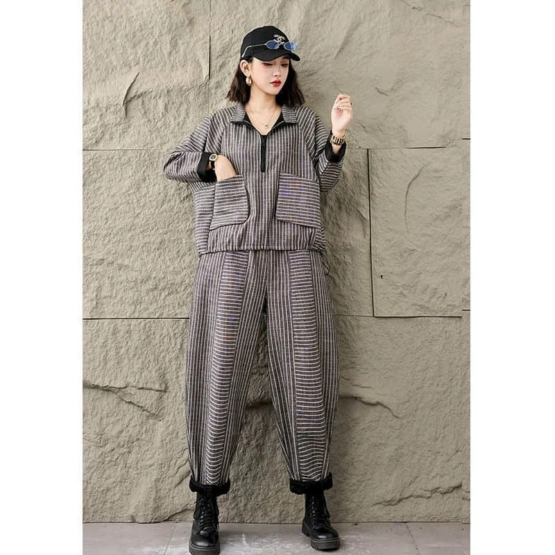 

Винтажные комплекты брюк, полосатые топы с длинными рукавами и повседневные шаровары, свободные комплекты из двух предметов в корейском стиле Харадзюку, женская одежда