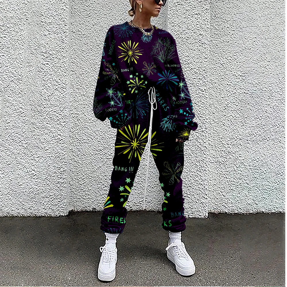 

Women Tracksuit Fireworks Print 2 Piece Outfit Sweatshirt+Straight Sweatpants Matching Set Fitness Sporty Streetwear