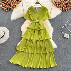 Yellow Women's Beach Dress For Girls Summer Elegant Short Sleeve V-Neck Irregular Sundress Boho Vintage Pleated Long Dresses