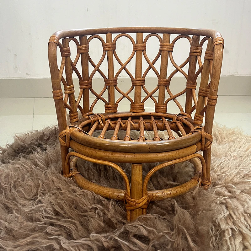 Chaise Ronde Rétro en Rotin, Meuble de Photographie pour Bébé, mir en Laine Tissé à la Main, Coussin de Studio, Accessoires de Séance Photo