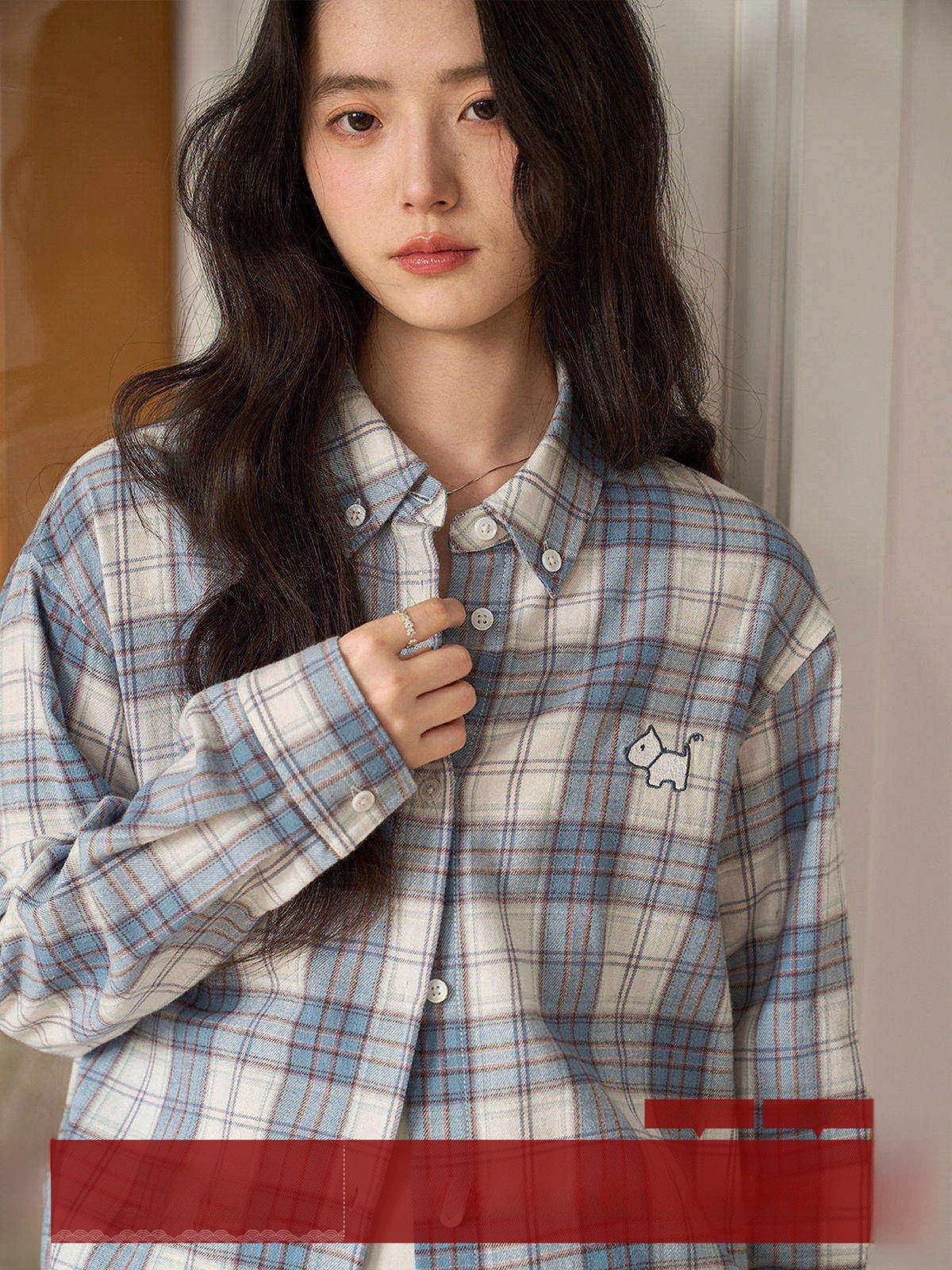 

Mozao Pure Cotton Long Sleeve Embroidered Shirt Women's Spring 2026 Plaid Contrast Color Collar Slimming Lazy Style Top