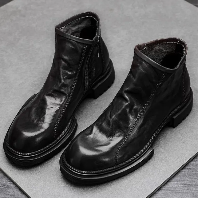 

Zipper Design Chelsea Boots for Men Genuine Leather High Top Casual Shoes Autumn Winter Plus Velvet Warm Cotton Boots Non-slip