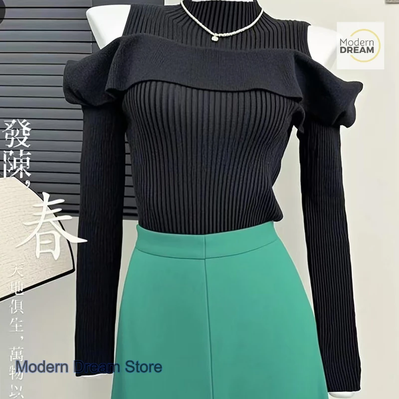 سترة فرنسية نقية مكشوفة الكتف بأكمام طويلة للنساء للربيع والخريف على الطراز الغربي قميص قاع نحيف يقلل من العمر #5