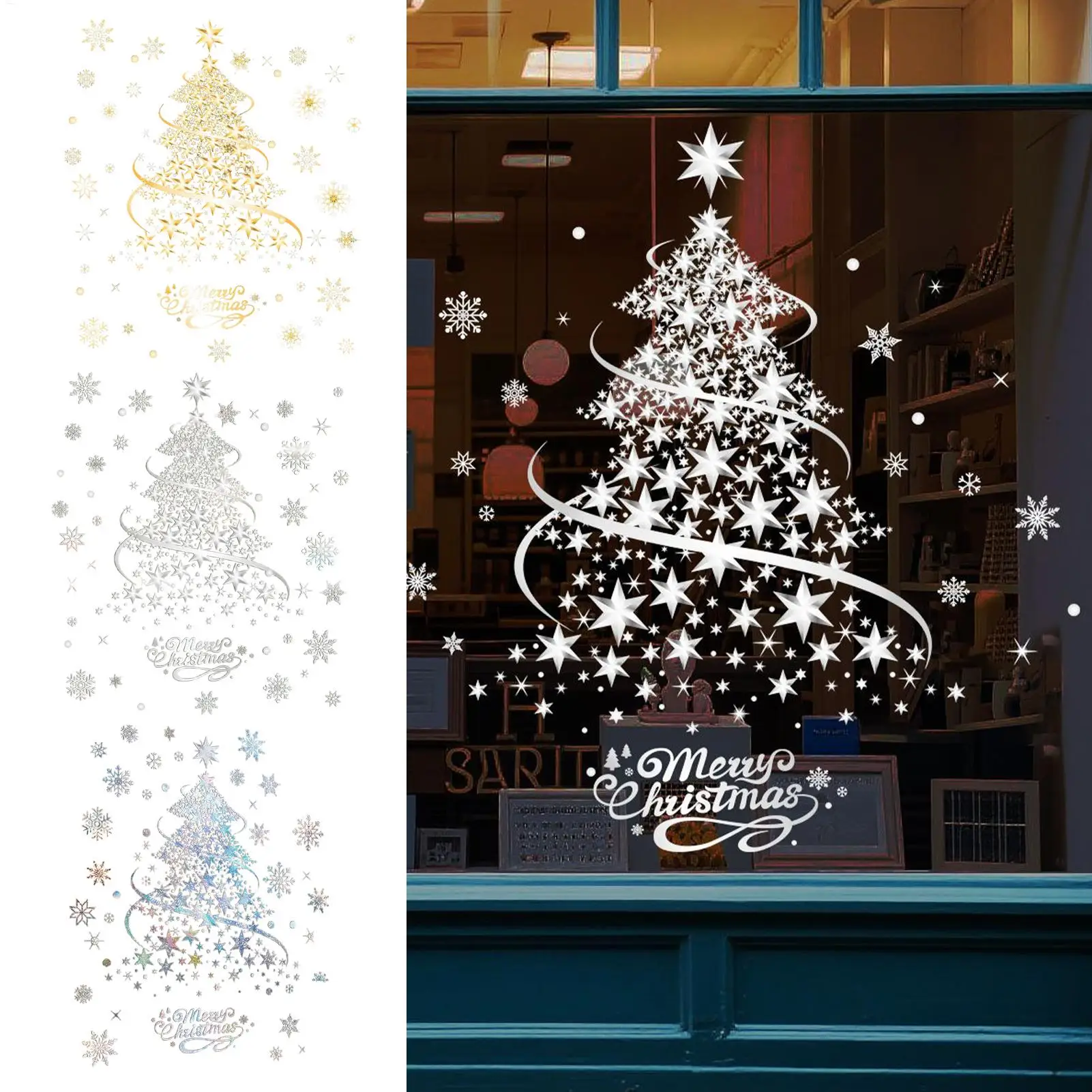 Weihnachts-Fensteraufkleber, 2 Blatt, abnehmbare Aufkleber, statischer Weihnachtsbaum-Fensteraufkleber für Zuhause, Party, Glastür, Wand, Fenster