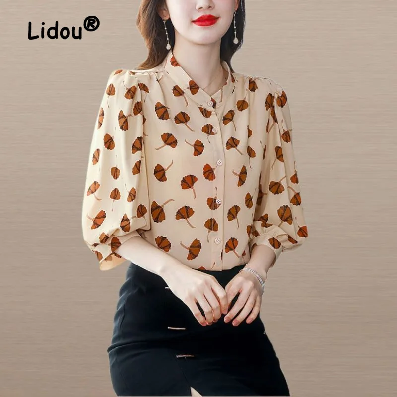 Temperament Fashion Printing Single-breasted Blouse Women New Classic V-neck 3/4 Sleeve Slim Loose Lady Office Chiffon Shirt