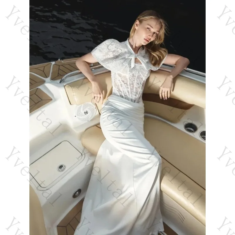 Customized Two Piece White Wedding Dresses Floral Lace Cape Corset Top Draped Satin Mermaid Skirt Bow Neck Cape Bridal Gown