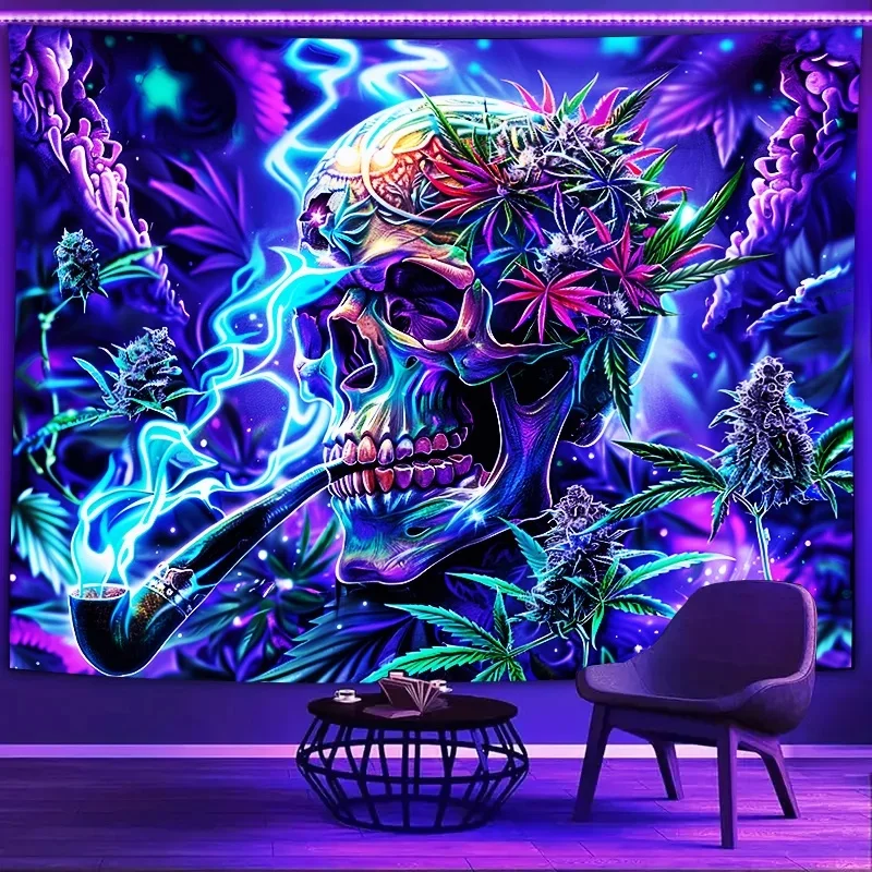 VIKAMA Trippy Jungle Wall Hanging, Neon Glowing Skull Pipe Fantasy Plant Tapestry, Dark Gothic Indoor Wall Decor
