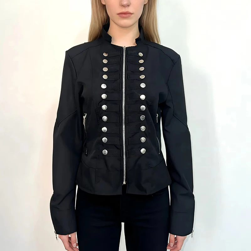 

Женское пальто с воротником-стойкой, двойной застежкой на серебряные пуговицы и молнию, приталенное, в стиле панк, повседневное, уличный стиль, Ins Style