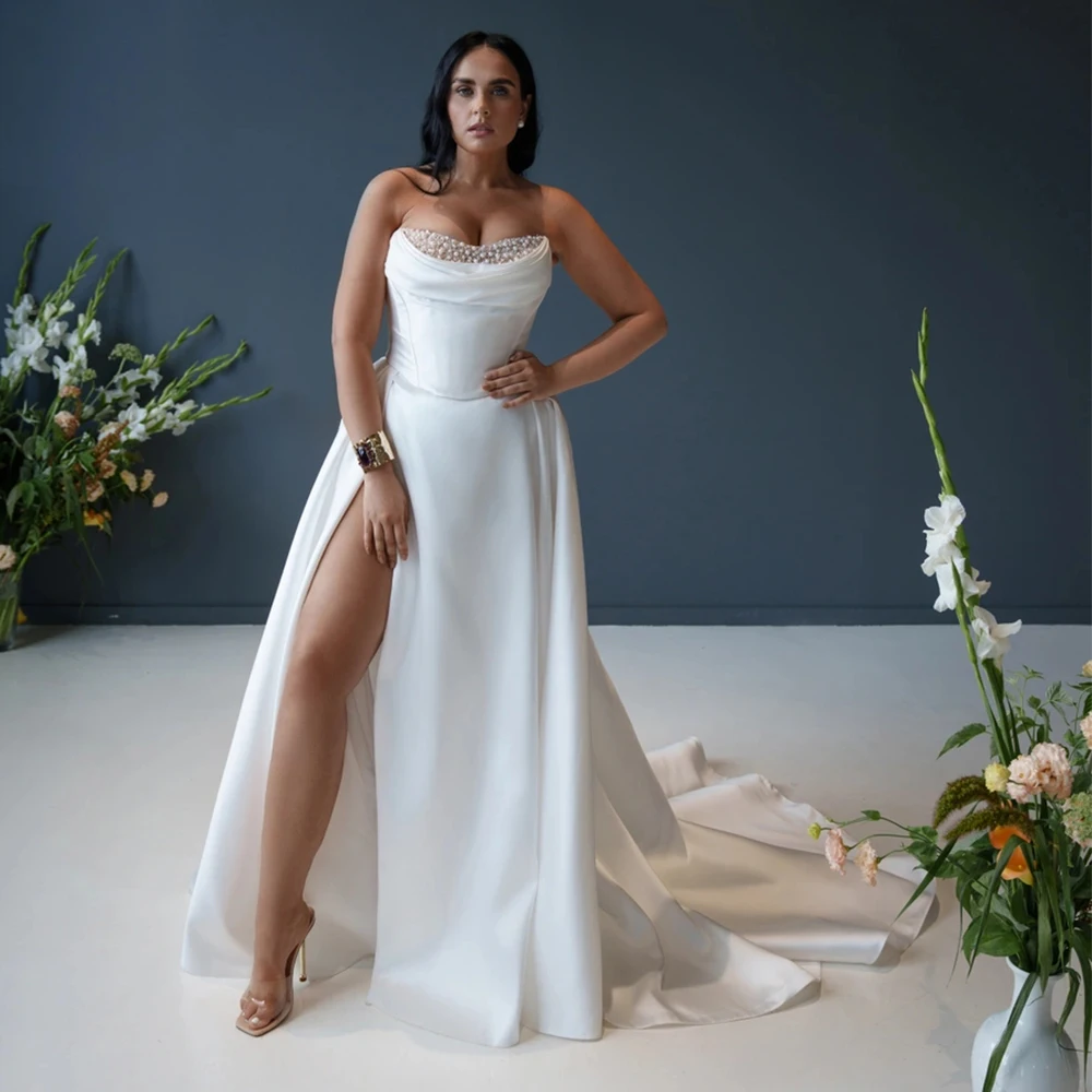 

Customized Side Slit Wedding Dresses with Beading 2025 Ivory Strapless Sleeveless Bridal Gowns Women New Summer Vestido De Novia