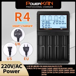 POWERKAN R4 US/EU/UK Plug Types Battery Charger LCD Display Suitable for Various Cylindrical Lithium Batteries AC Power Supply