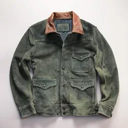 Men Three Pocket Genuine Leather Jacket Autumn Winter Lapel Anti Suede Cowhide Leather Coat Outdoor Riding Camping Hunting