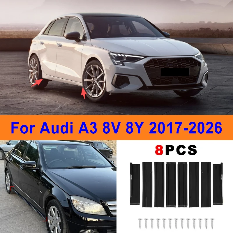 

8Pcs Extended Side Skirt Splitters For Audi A3 8V 8Y 2017-2026 2018 Sport Side Spoiler Bumper Lip Exterior Body Kit Mod Parts