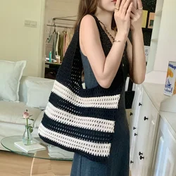 Ins Fashion Vintage Colour Blocking Striped Knitted Hollow Tote Bag Large Capacity Shopping Bag Shoulder Bag Handbag for Women