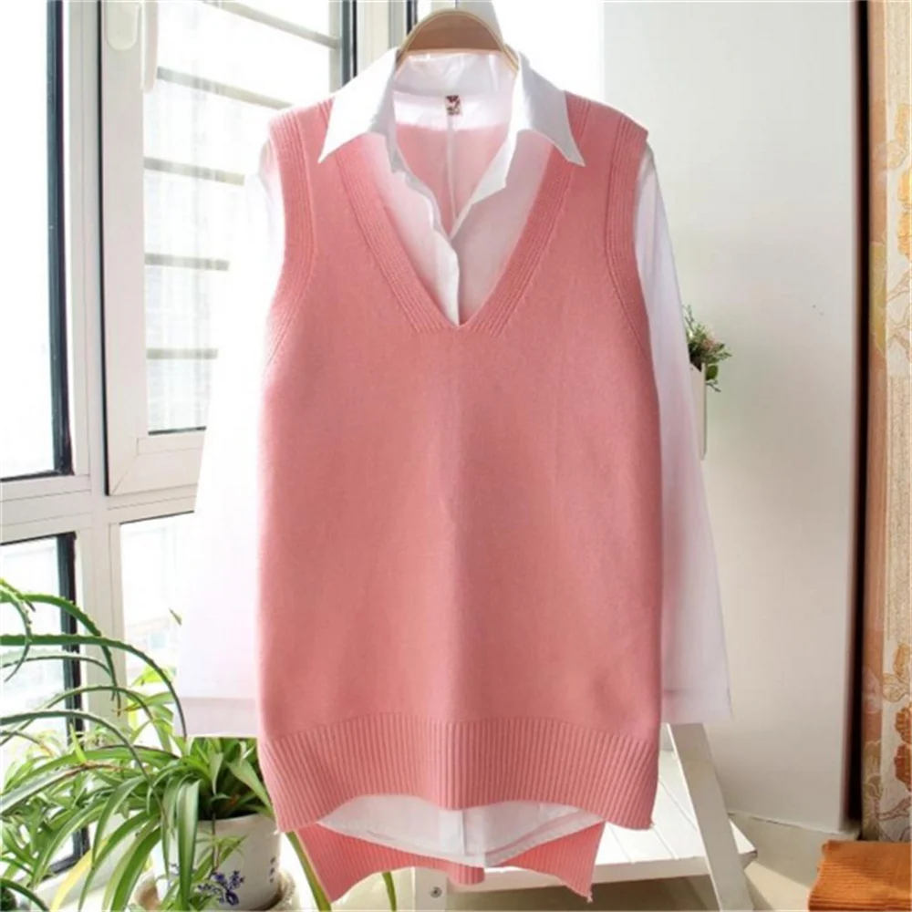 Korean Women Knitted Sweater Sleeveless College Style Women Loose Vest Ladies V-Neck Pullover Tops Female Waistcoat Pull Femme