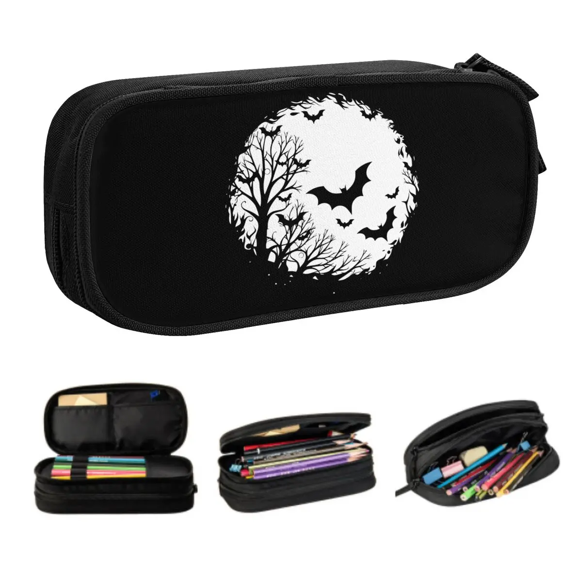 Custom Korean Halloween Spooky Bat Moon Pencil Cases for Boys Gilrs Large Storage Pen Bag Box School Accessories