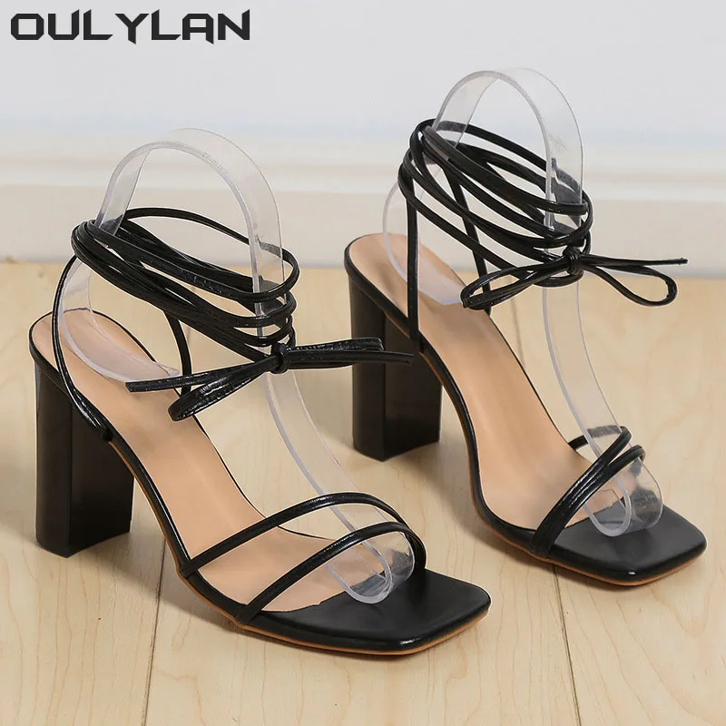 Oulylan 2024 Sexy Lace Up Party Pumps shoe Size 35-43 White Black Woman Ankle Strap Sandals Leather Cross-Tied High Heels Shoes