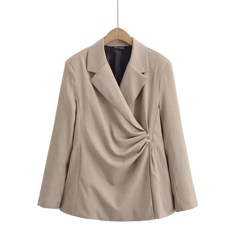 

HipSeam Women Pleated Blazer & Jacket Office Lady Versatile Overcoat Cinched Diagonal Placket Casual Female Outwear